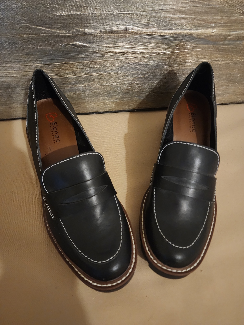 Black Blanco "Dulce" Penny Loafers with Contrast Stitching, Waterproof, Lug Sole
